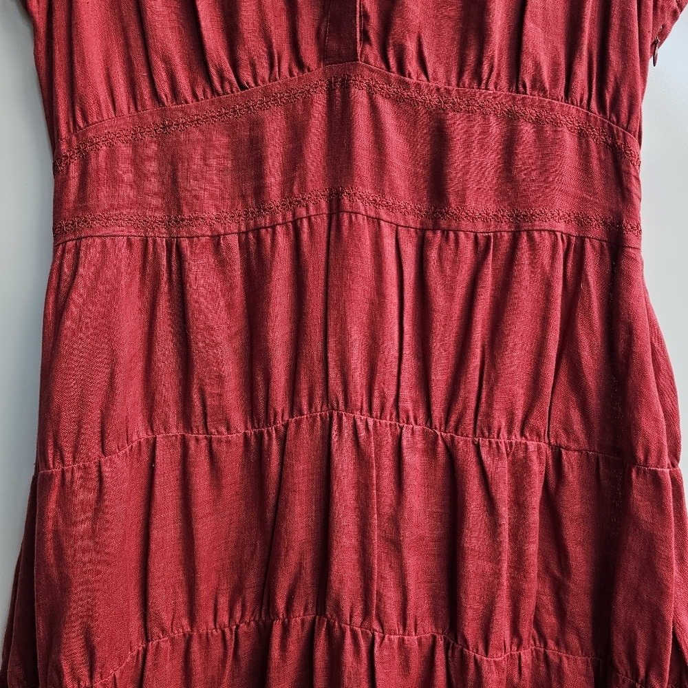 RUST Color!Vintage Carole Little Linen Dress, Rust Color Tiered Ruched, Size 12 - Picture 4 of 14